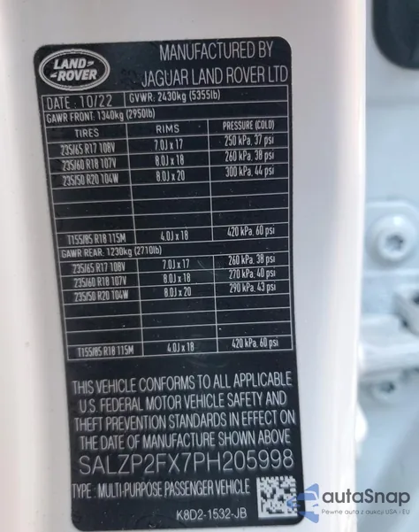 2023 Land Rover Range Rover Evoque Se from USA, damaged, VIN SALZP2FX7PH205998